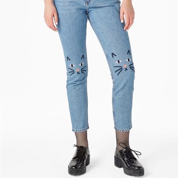 Monki Kimomo Love Embroidered Knee Kitty Jeans NWT - Picture 1 of 6